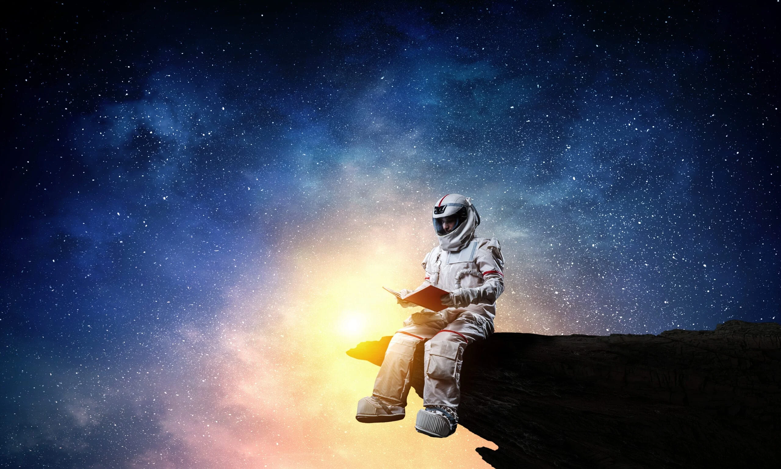 Astronaut man wearing suit in space. Mixed media