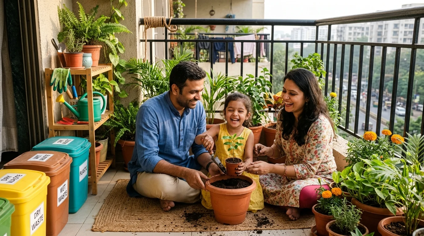 குடும்பத்தோடு பால்கனியில் செடிகளை நட்டு குப்பை மறுசுழற்சி செய்யும் இந்தியக் குடும்பம்