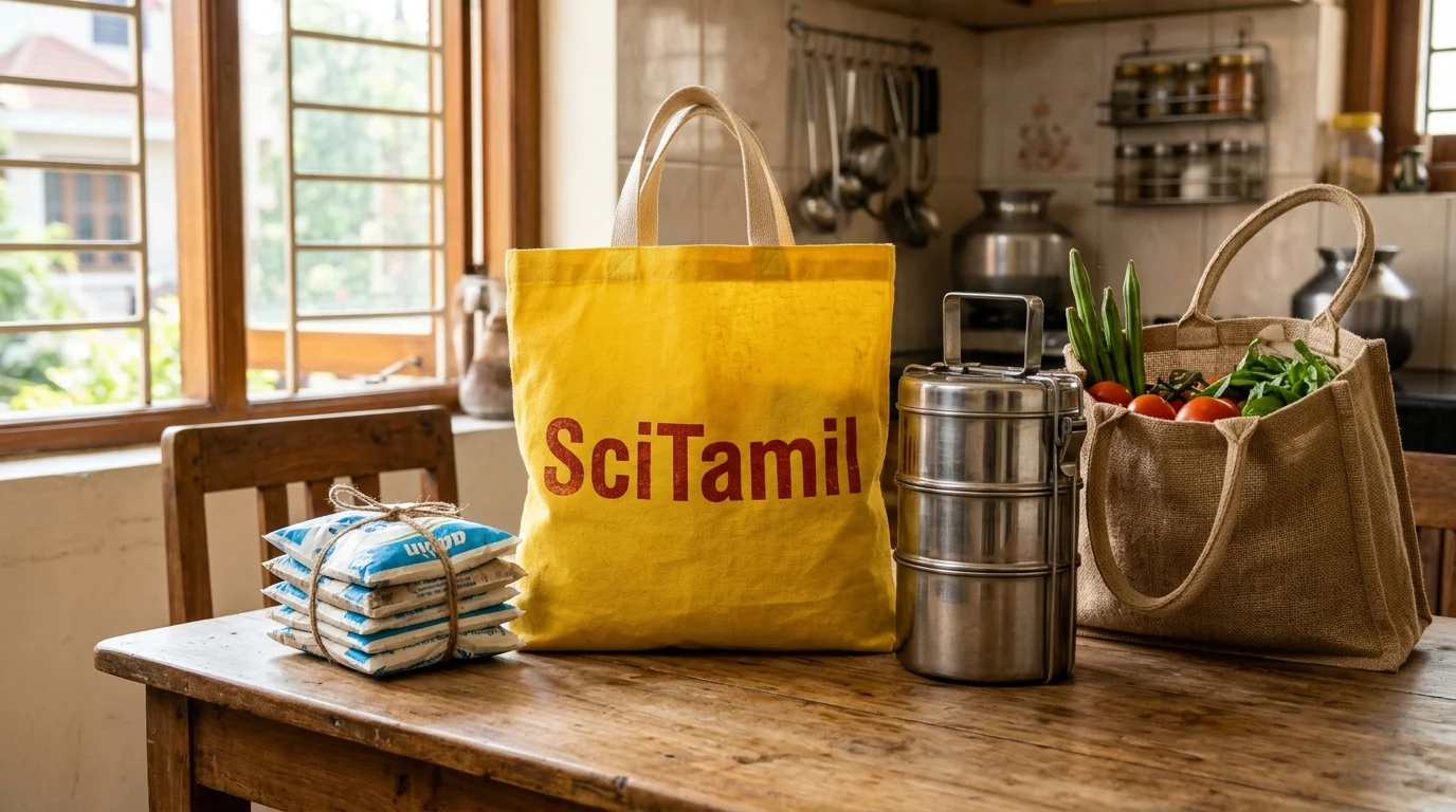 SciTamil பிராண்டட் பாரம்பரிய மஞ்சள் துணிப்பை மற்றும் எவர்சில்வர் டிபன் பாக்ஸ்