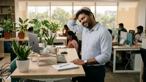 அலுவலகத்தில் பணிபுரியும் போது எளிய உடற்பயிற்சி மற்றும் இடைவேளை எடுக்கும் தென் இந்திய பணியாளர்