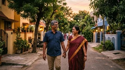 சாப்பிட்ட பின் மாலையில் அமைதியாக நடைப்பயிற்சி மேற்கொள்ளும் தம்பதியர் - உடலின் இரத்த சர்க்கரை மற்றும் செரிமான நலன்