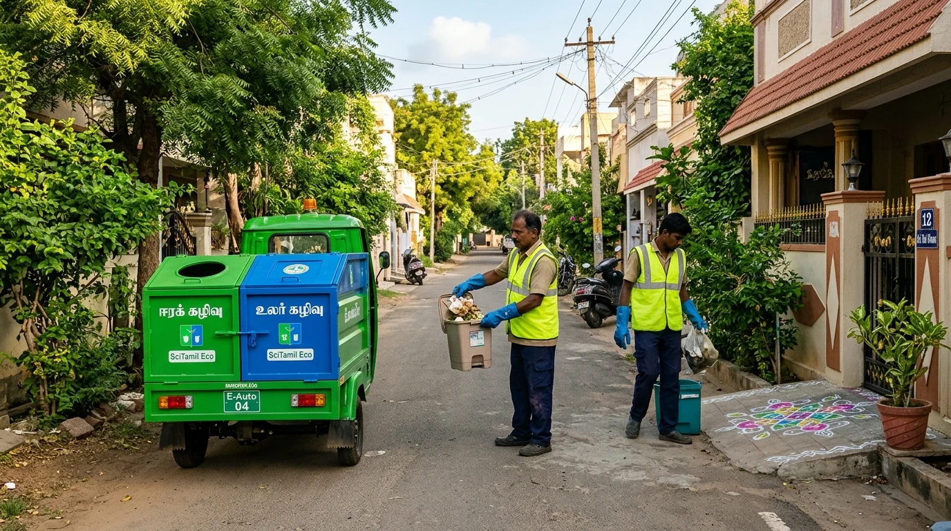 தமிழ்நாடு நகர்ப்புற வீதிகளில் காலை நேர மின்கல குப்பை சேகரிப்பு வாகனம்
